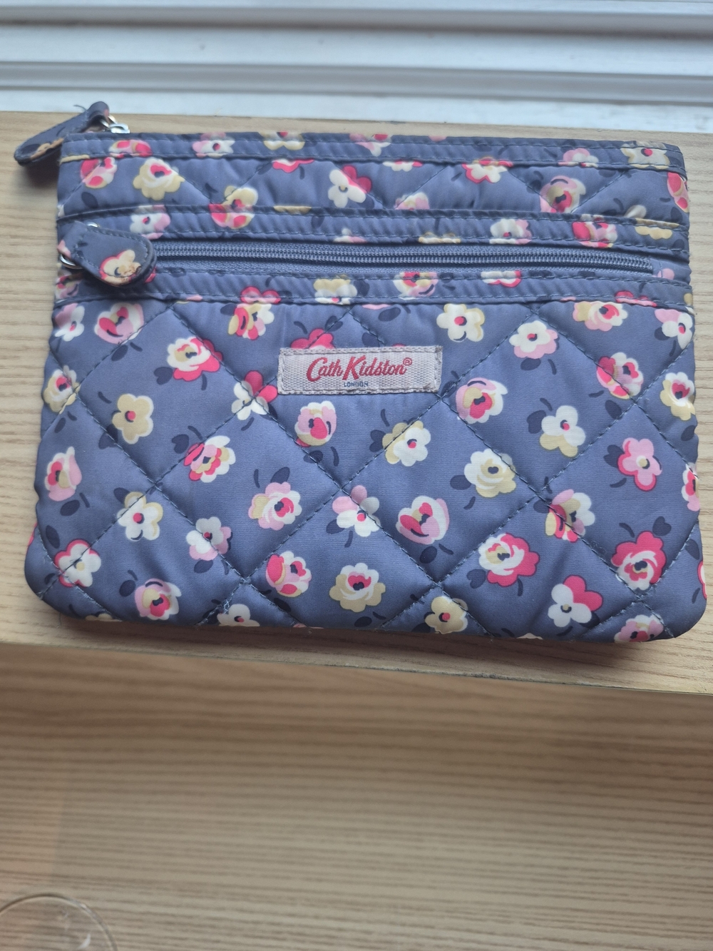 Cath Kidston Quilted Floral Pouch in Slate Blue with Pink & Cream Flowers
